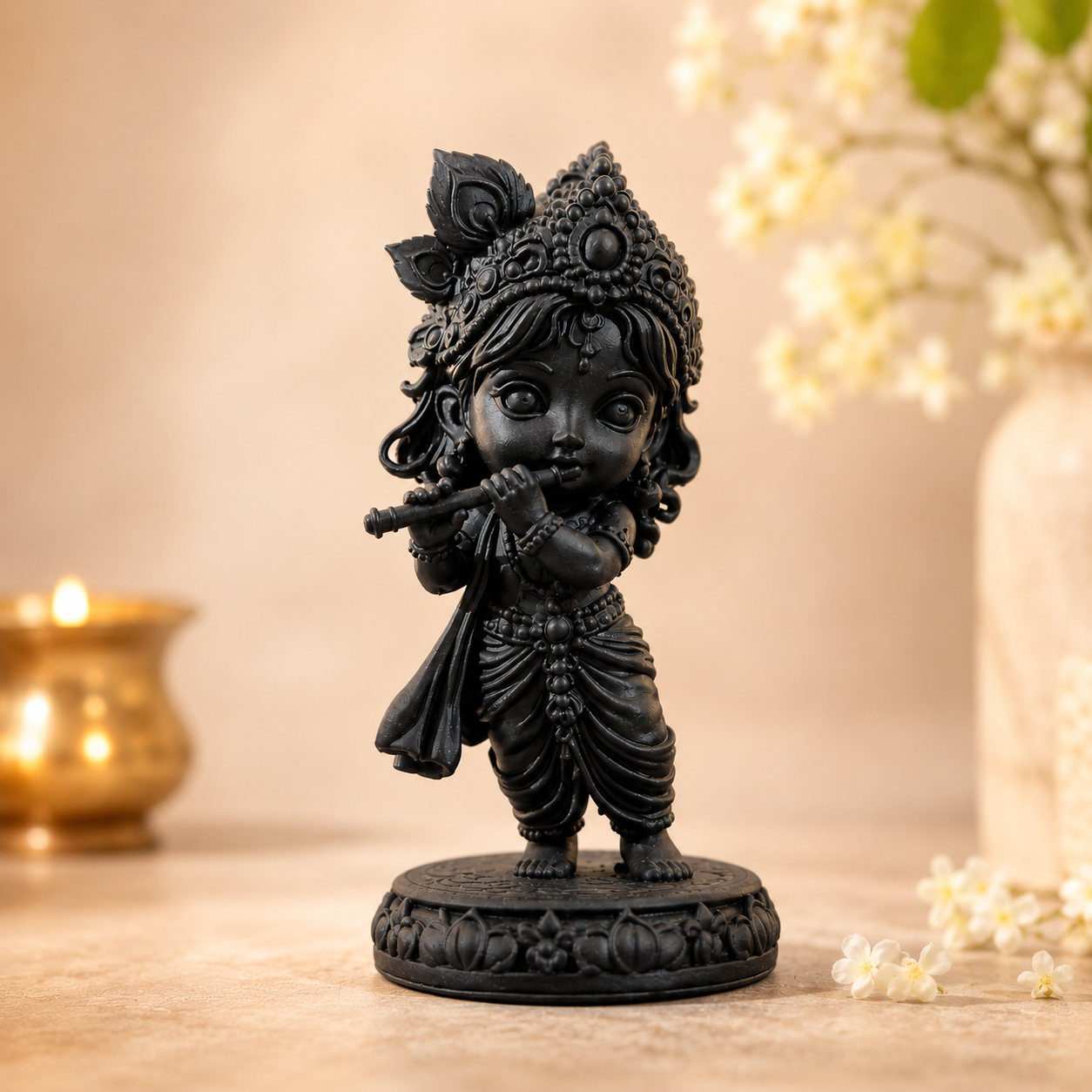 Little Krishna Divine Resin Idol – 10cm Premium 3D Printed Statue | Matte Black Decorative Figurine