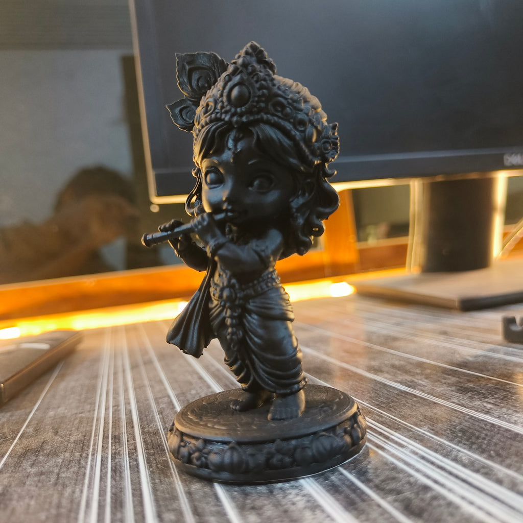 Little Krishna Divine Resin Idol – 10cm Premium 3D Printed Statue | Matte Black Decorative Figurine
