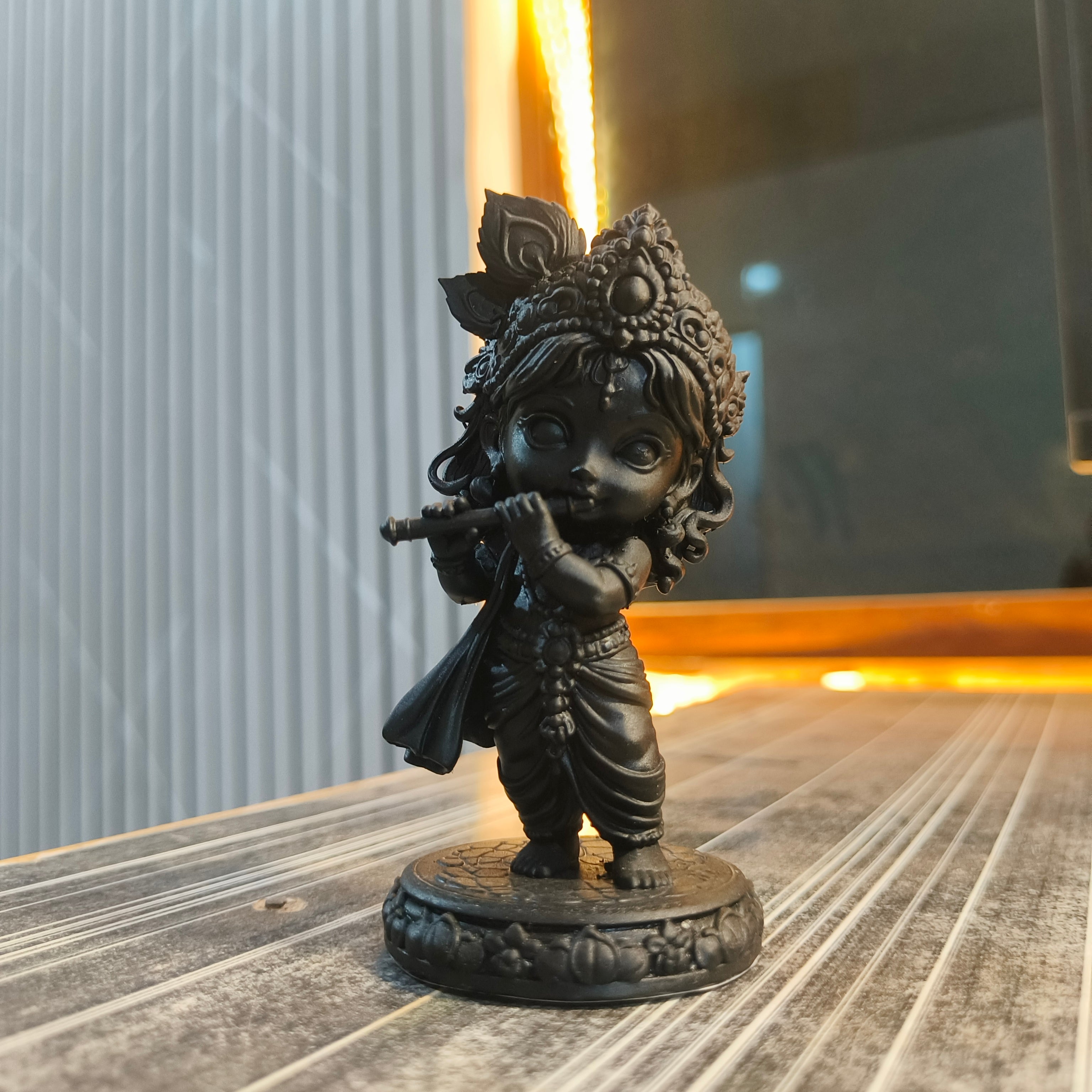 Little Krishna Divine Resin Idol – 10cm Premium 3D Printed Statue | Matte Black Decorative Figurine