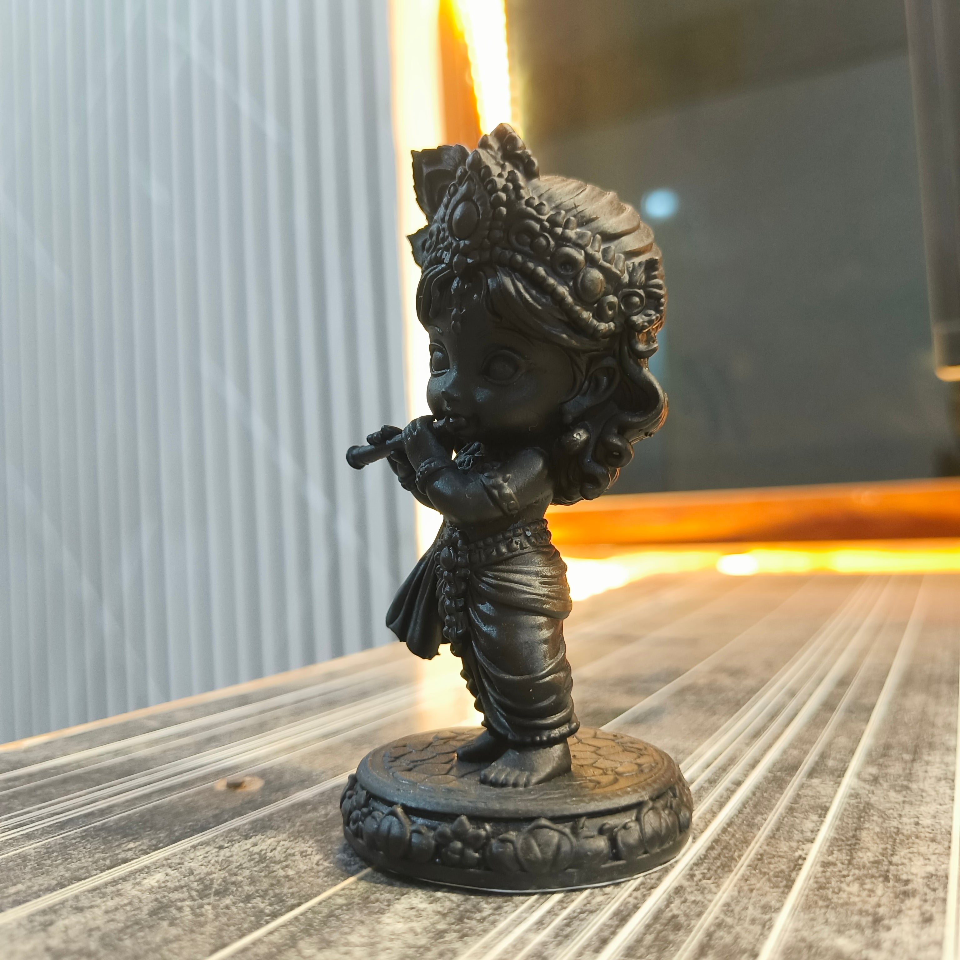 Little Krishna Divine Resin Idol – 10cm Premium 3D Printed Statue | Matte Black Decorative Figurine